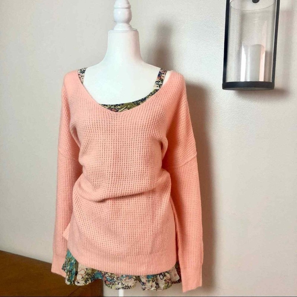 NWT Free People C.O.M.F.Y Peach Oversized Slouchy Waffle Knit Sweater Size M / L